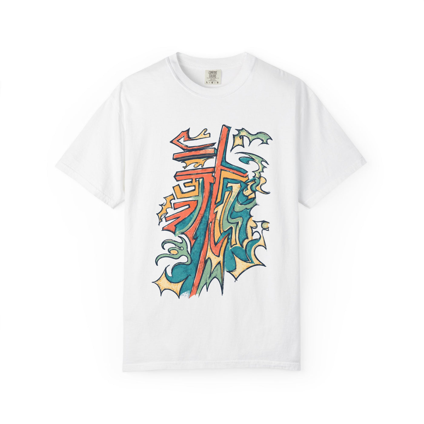 Graphic T-Shirt — Colorful Abstract Wave & Tribal Cross Design